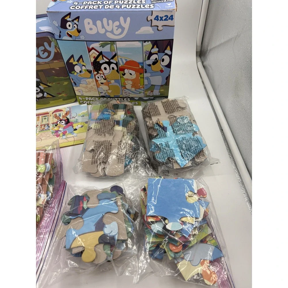 Bluey Heeler Puzzle Lot Metal Tin Lunch Box +3 Mini Puzzles+ 5-12x12 Puzzles EUC